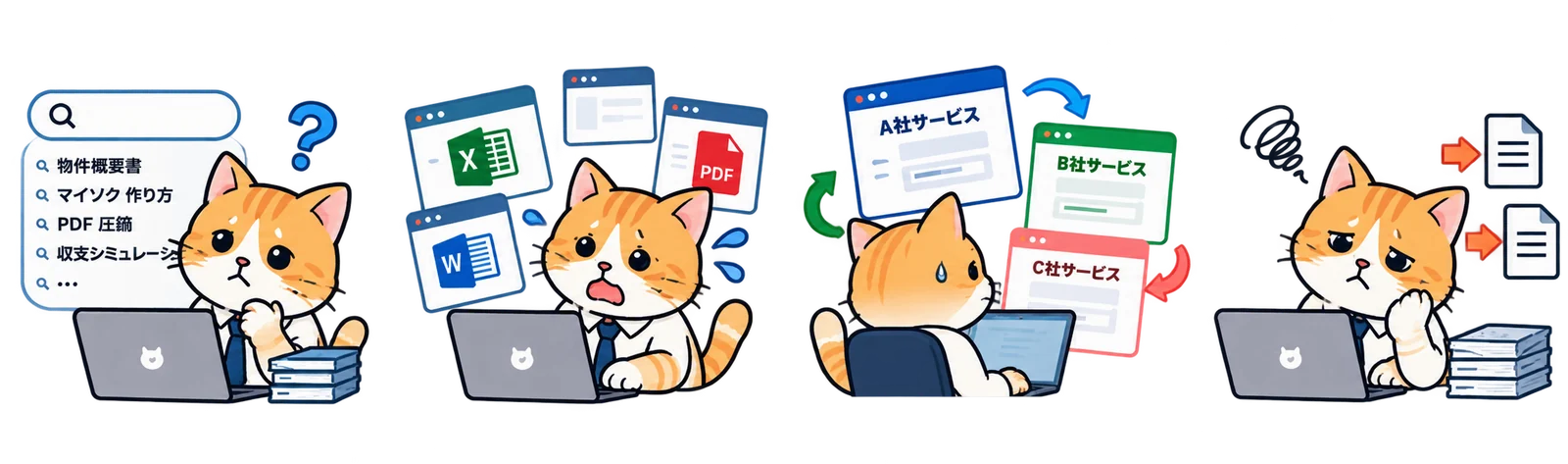 不動産事務で起きる小さなロス：ツールを探す（ロスタイム約3分）／別のソフトを開く（約2分）／別のサービスへ移動（約2分）／別システムへ転記（約5分）